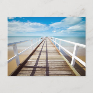 Cartão Postal Belíssimo Pier de Madeira, Oceano, Areia, Céu Azul