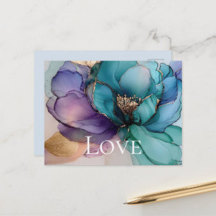 Cartão Postal Belo Amor Floral Azul Aqua Dourado Roxo