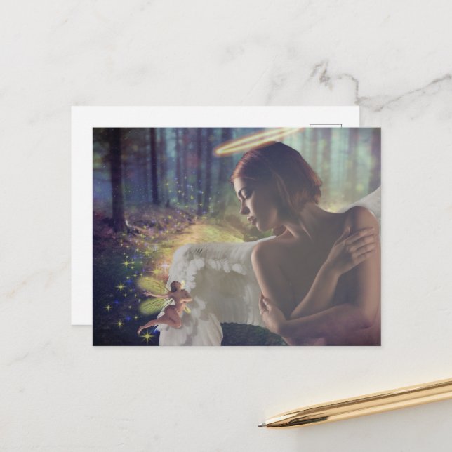 Cartão Postal Belo Anjo com a Fada Fantasy Art (Frente/Verso In Situ)