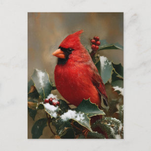 Cartão Postal Belo Cardinal Vermelho na Azevinho Nevado