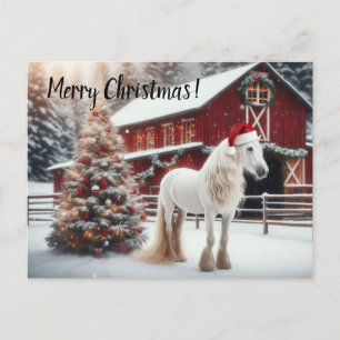 Cartão Postal Belo cavalo branco vestindo um papai noel sentado