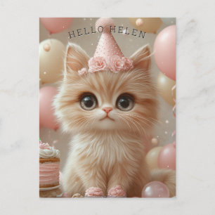 Cartão Postal Belo Chapéu de Aniversário de Gatinho Bolo Balões