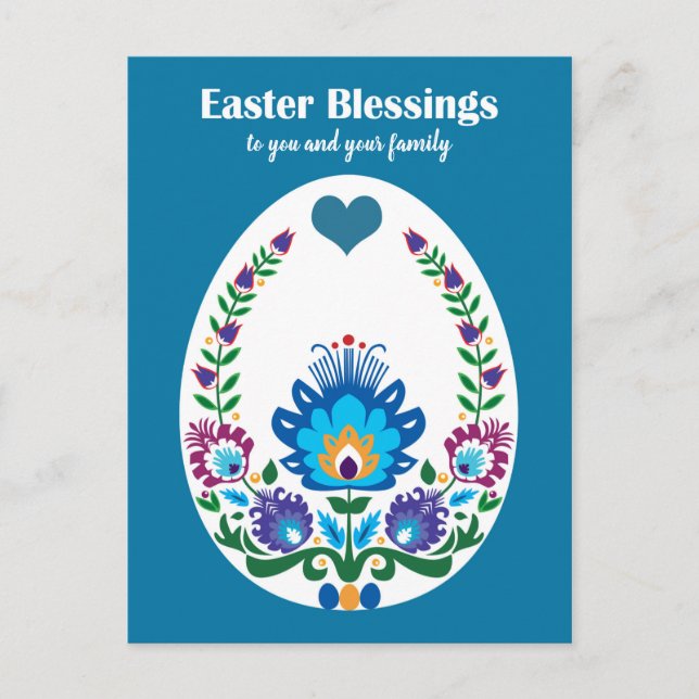 Cartão Postal 🐤 Belo Folclore Azul Pysanka Ovo de Páscoa (Frente)