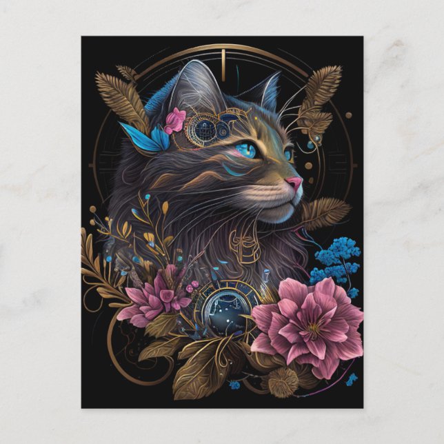 Cartão Postal Belo galpão Maine Coon com flores Arte AI (Frente)