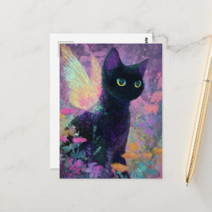 Cartão Postal Belo Gato Preto Com Asas de Fada