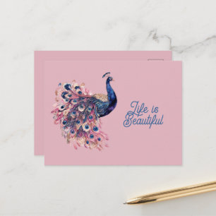 Cartão Postal Belo Pavão Azul Rosa Azul-Marinho