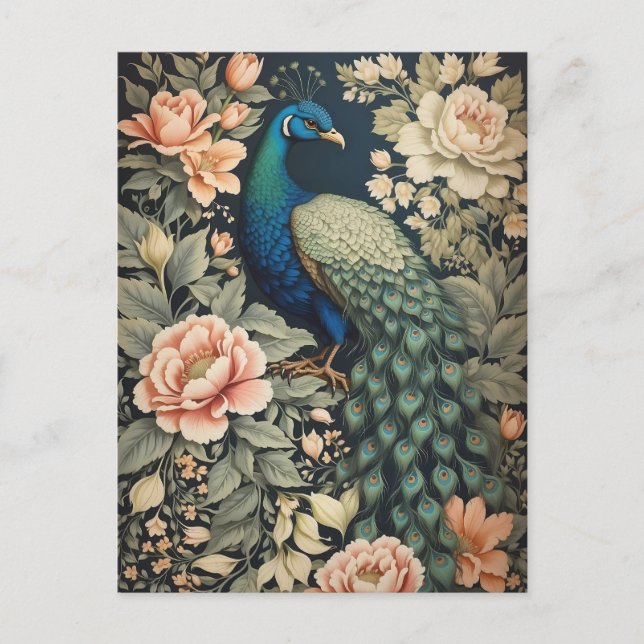 Cartão Postal Belo Peacock William Morris Inspirou Floral (Frente)