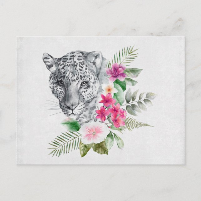 Cartão Postal Belo Retrato de Cabeça de Leopardo em Aquarela (Frente)
