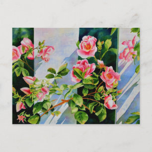 Cartão Postal Belo rosa, rosas vermelhas, floral de aquarela