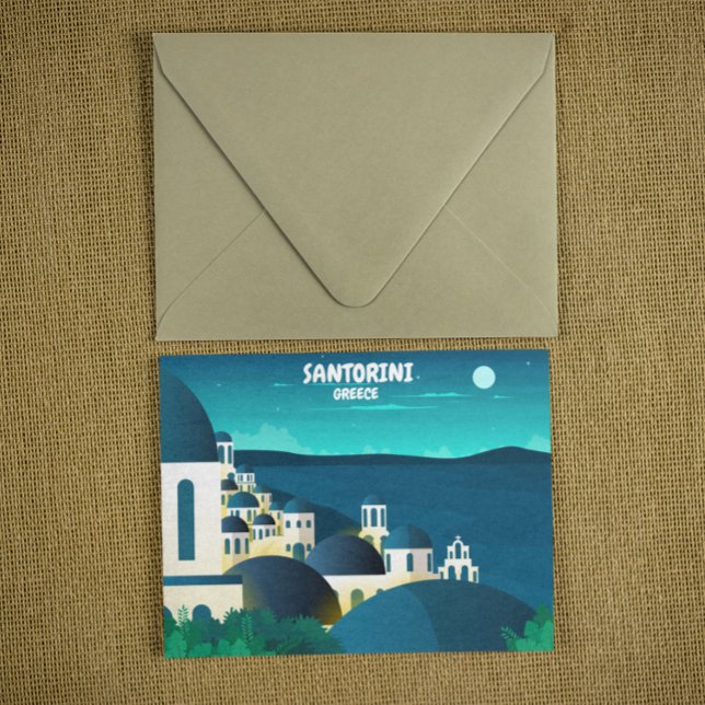 Cartão Postal Belo Santorini na Grécia Noturna (Stylish Santorini Greek Island Postcard)