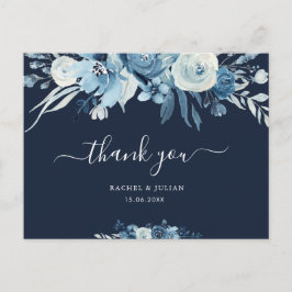 Cartão Postal Belo script azul obrigado de casamento floral