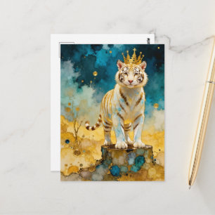 Cartão Postal Belo Tigre Branco em uma Coroa de Ouro