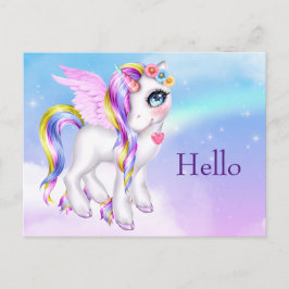 Cartão Postal Belo Unicórnio com Rainbow Mane Tail Hello