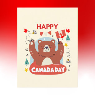 Cartão Postal Belo Urso com Bandeira Canadiana Feliz Dia do Cana