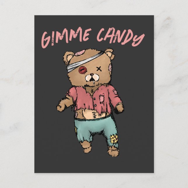Cartão Postal Belo Urso Rosa Zombie Gimme Candy Halloween (Frente)