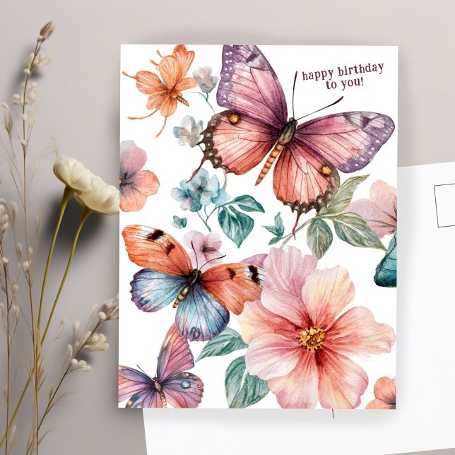 Cartão Postal Belos Borboletas e Flores Feliz Aniversário (Beautiful Butterflies and Flowers Happy Birthday Postcard
)
