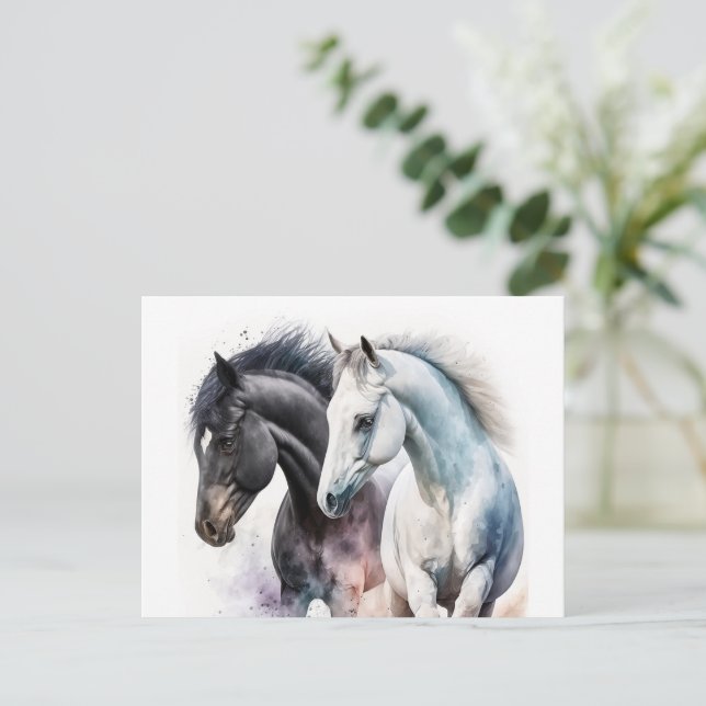 Cartão Postal Belos Cavalos em Aquarela (Em pé/Frente)