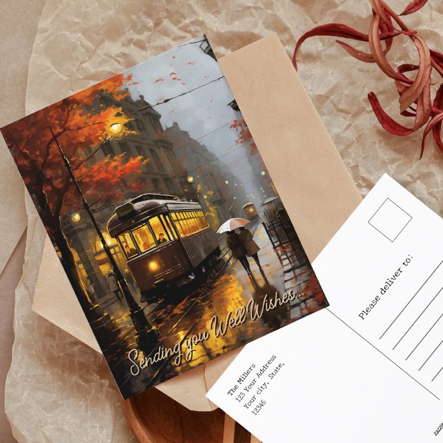 Cartão Postal Bem Deseja Trama de Queda em Lisboa, Portugal (Well Wishes rainy Fall Tram in Lisbon, Portugal Postcard)