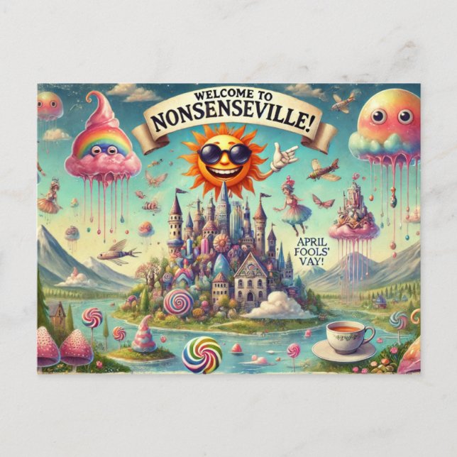 Cartão Postal Bem-vindo a Nonsenseville!" (Frente)