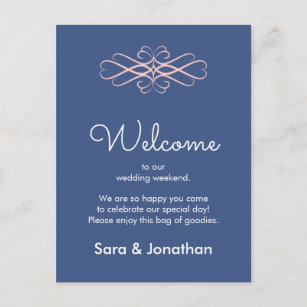 Cartão Postal Bem-vindo ao Nosso Casamento Rosa e Azul Escuro
