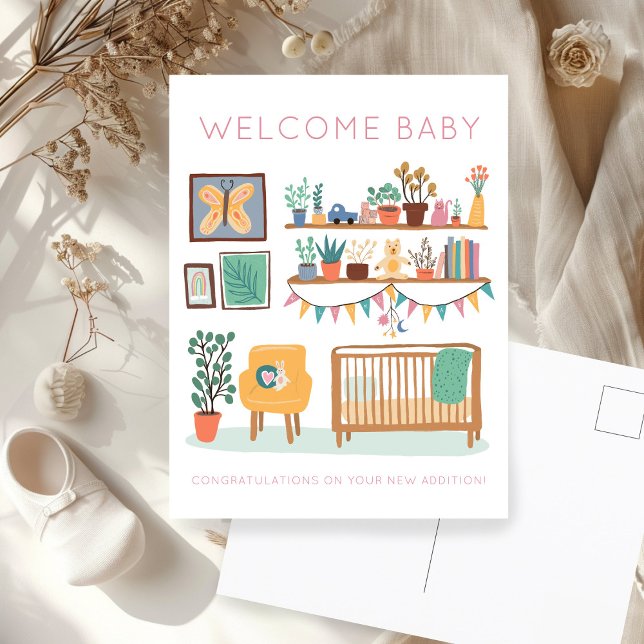 Cartão Postal BEM-VINDO BEBÊ Berçário Bonito Neutro em Gênero Pa (WELCOME BABY Cute Nursery Gender Neutral Congratulations New Baby Girl Postcard
)