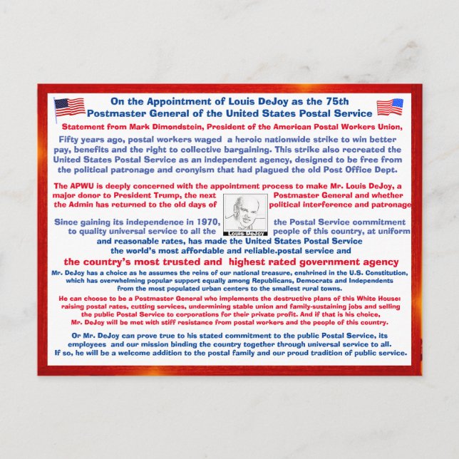 Cartão Postal Bem-vindo Louis DeJoy ao USPS. (Frente)