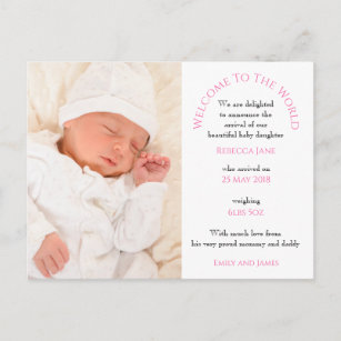 Cartão Postal Bem-vindos ao World Baby Girl Foto Text White