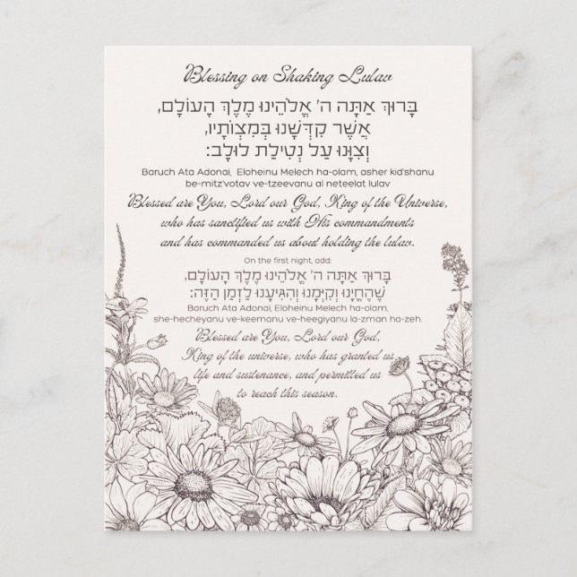 Cartão Postal Bênção do Lulav em Hebraico para Sucot (Frente)