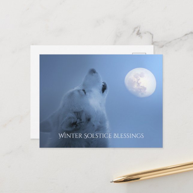 Cartão Postal Bênçãos do Solstício de Inverno Lobo e Lua (Frente/Verso In Situ)