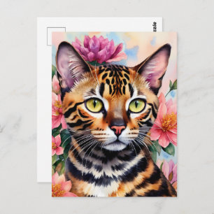 Cartão Postal Bengala Cat Watercolor Arte Floral