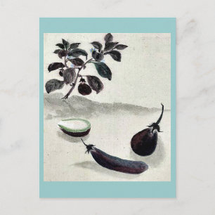 Cartão Postal Beringelas com planta crescendo ao fundo Uki