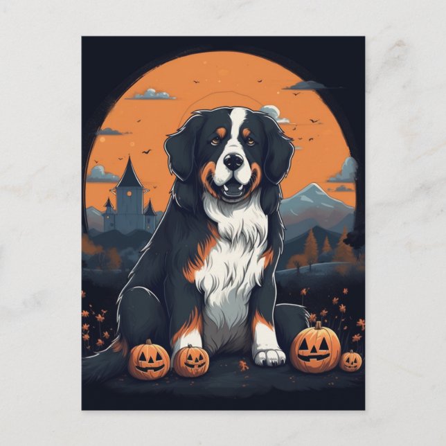 Cartão Postal Bernese Mountain Dog Halloween Orange Black (Frente)