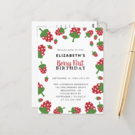 Cartão Postal Berry First Birthday Cute Strawberry Kawaii Girl