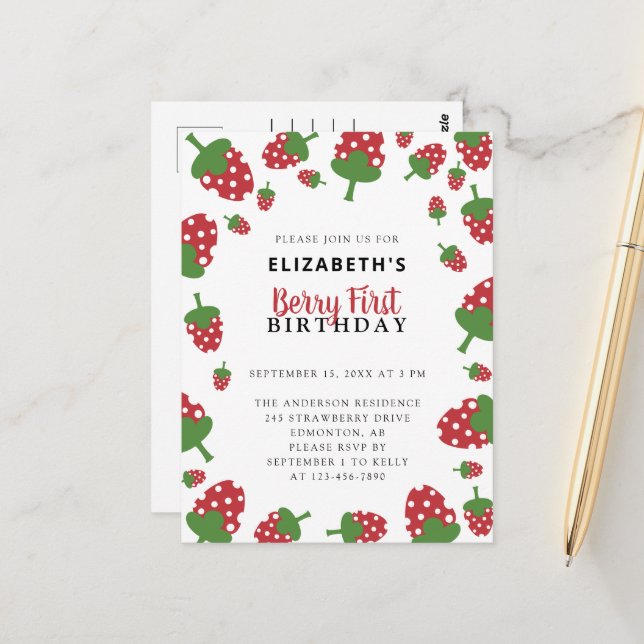 Cartão Postal Berry First Birthday Cute Strawberry Kawaii Girl (Frente/Verso In Situ)