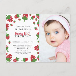 Cartão Postal Berry First Birthday Cute Strawberry Photo Invitat