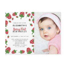 Berry First Birthday Cute Strawberry Photo Invitat