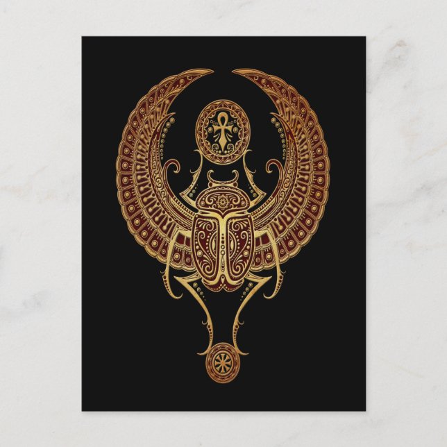 Cartão Postal Besouro-escaravelho vermelho-alado egípcio com pre (Frente)