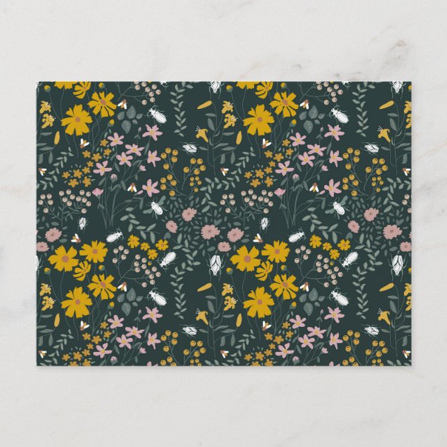 Cartão Postal Besouros Florais de Mostarda e Abelhas Flores Boêm (Frente)
