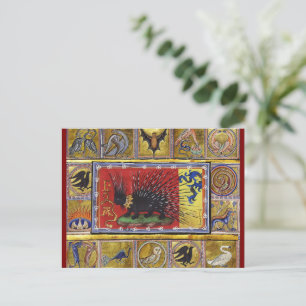 CARTÃO POSTAL BESTIÁRIO MEDIEVAL, REI OURIÇO PRETO E ANIMAIS