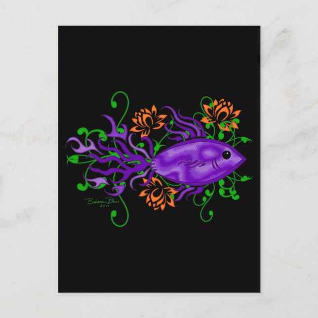 Cartão Postal Betta Fish Lotus Flores Arte Aquática (Frente)