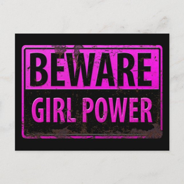 Cartão Postal BEWARE Girl Power - Sinal de perigo preto-rosa (Frente)