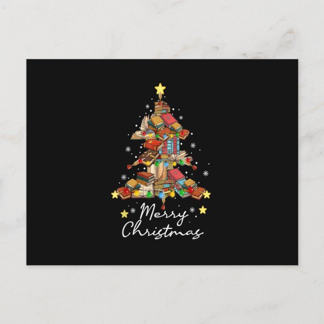 Cartão Postal Biblioteca de Natal Merry Tree Book Lover Li (Frente)