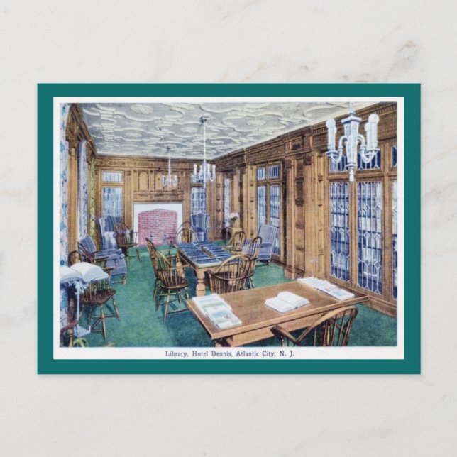 Cartão Postal Biblioteca, Hotel Dennis, Atlantic City 1926 Vinta (Frente)
