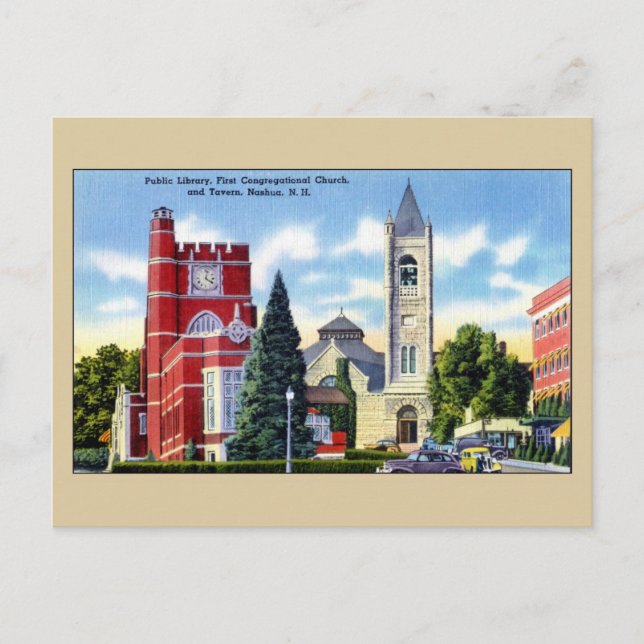 Cartão Postal Biblioteca Pública, Igreja, Tavern, Nashua NH (Frente)