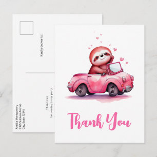 Cartão Postal Bicho-Preguiça Fofo em um Conversível Rosa Obrigad