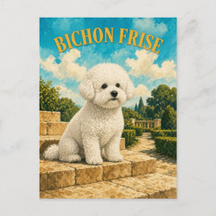 Cartão Postal Bichon Frise, Arte de Cachorro em Aquarela Vintage