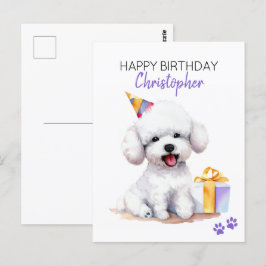Cartão Postal Bichon Frise Cachorro Personalizado Feliz Aniversá