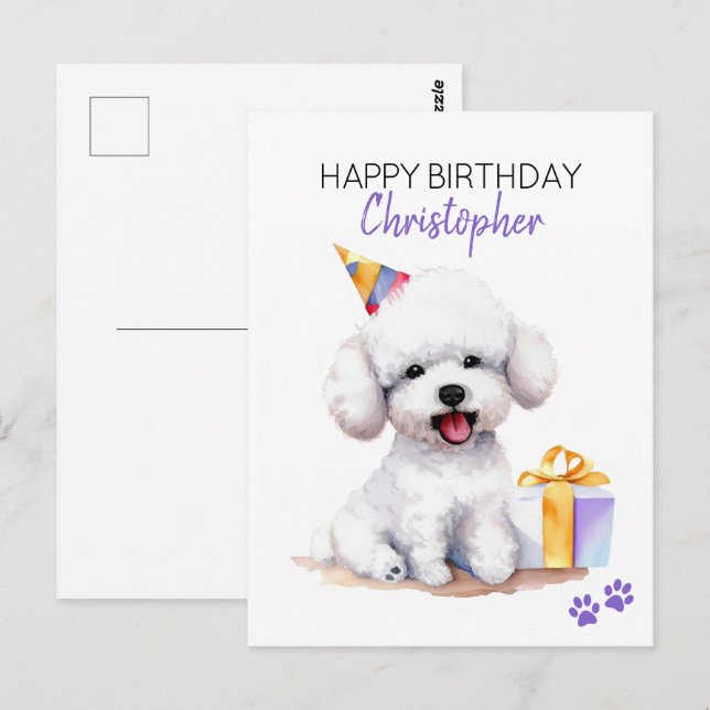 Cartão Postal Bichon Frise Cachorro Personalizado Feliz Aniversá (Frente/Verso)