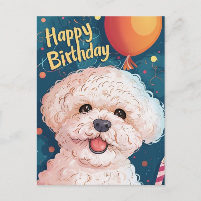 Cartão Postal Bichon Frise Feliz Aniversário (Frente)