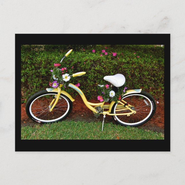 Cartão Postal Bicicleta Amarela coberta pelas Flores - engraçada (Frente)